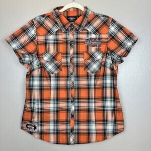 Women's Harley Davidson Button Shirt XL Orange Plaid Embroiderd Short Sleeve